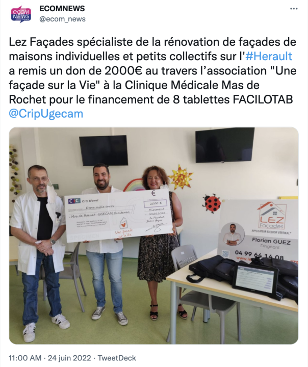 Don de 2000€ pour la Clinique Médicale Mas de Rochet, Lez Façades