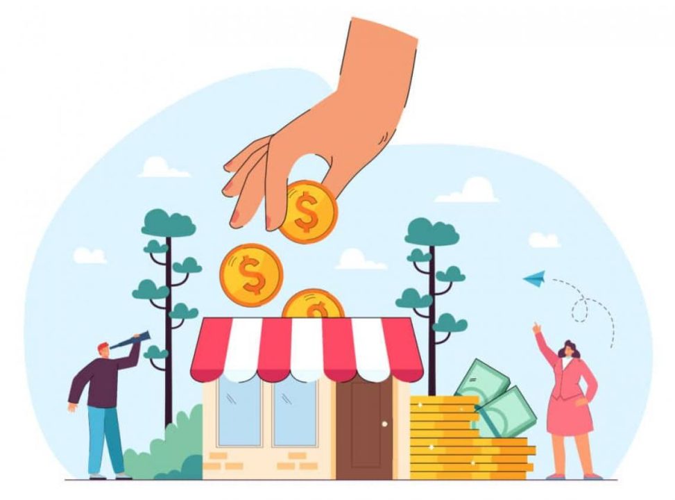 Illustration de main distribuant des pièces à un magasin avec des gens et de l'argent.