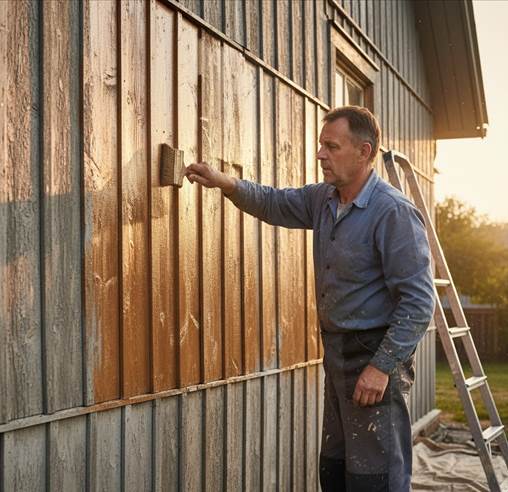 Un homme peint une façade en bois en utilisant un pinceau sur une échelle.