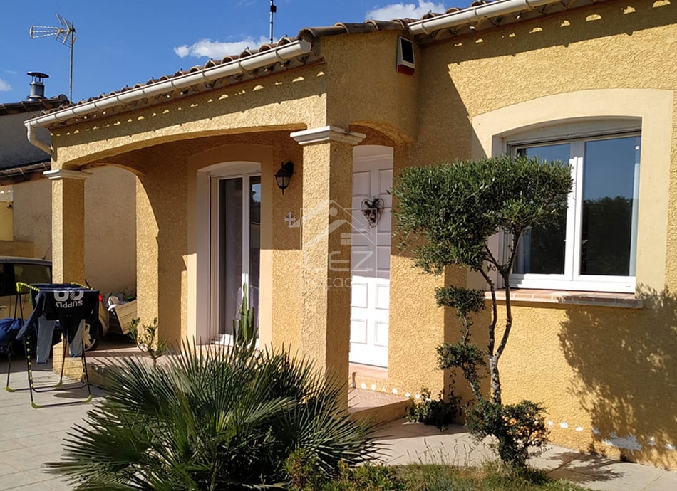 Maison jaune avec porte et fenêtre, plantes devant