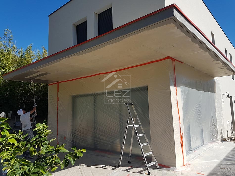 Construction, rénovation, peintre, échelle, bâche, bâtiment, extérieur, travail, maison